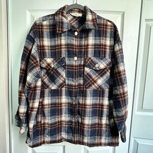 Vine & Love Women's Small Navy Orange White Plaid Flannel Button Up Shacket